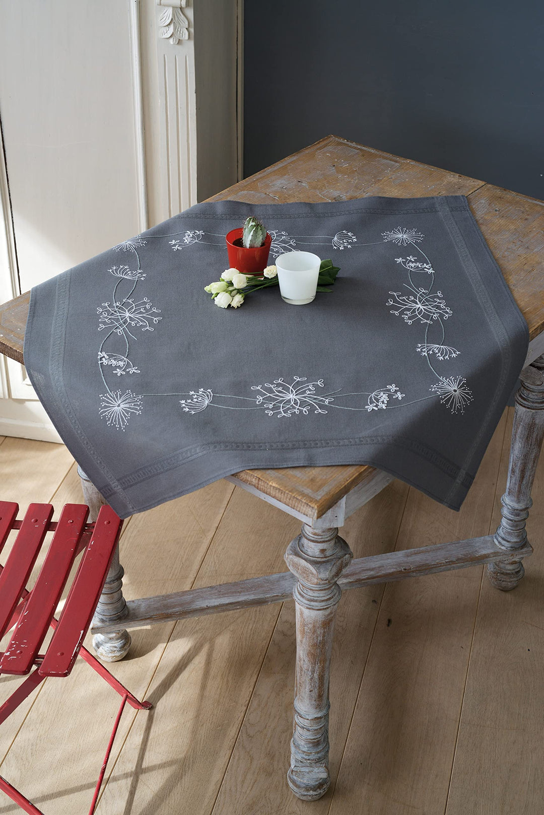 Vervaco Bedruckte Decke Weisse Blumen & Gräser Stickpackung, Baumwolle, 80 x 80 x 0,3 cm
