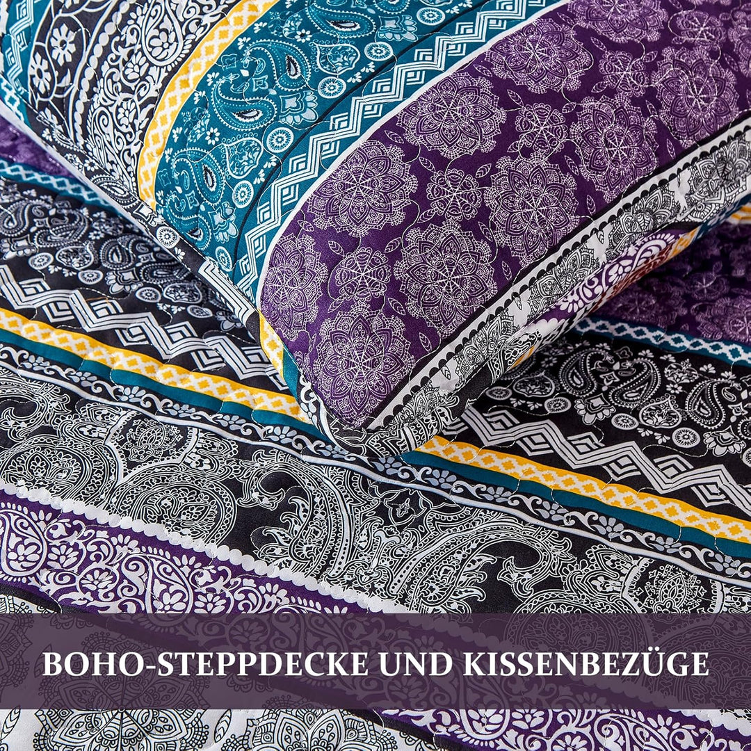 WONGS BEDDING Tagesdecke 220x240 Bettüberwurf Boho Decke Steppdecke 3 Teilig Doppelbett Gesteppt Bet