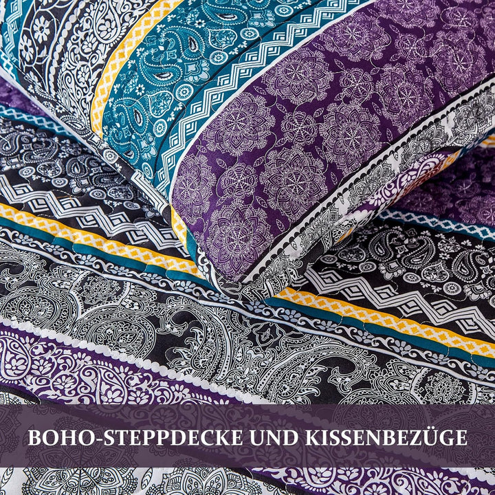 WONGS BEDDING Tagesdecke 220x240 Bettüberwurf Boho Decke Steppdecke 3 Teilig Doppelbett Gesteppt Bet