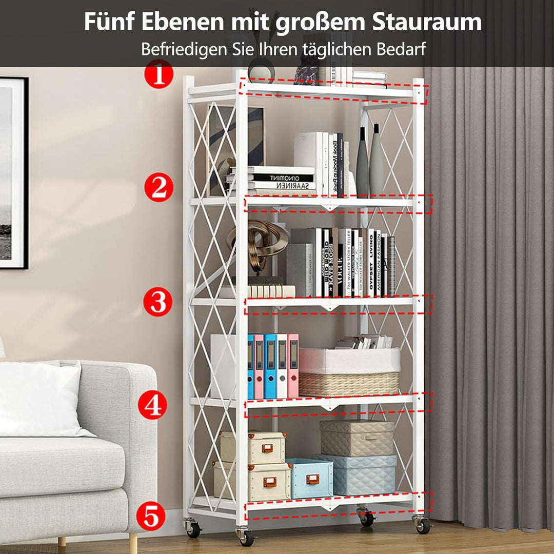 Klappbar Servierwagen mit 4 Rollen, Rollwagen klappbar 3/4/5 Etage Mobile Storage Folding Trolley Mi