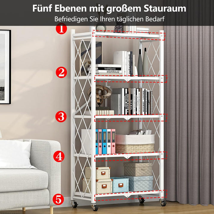 Klappbar Servierwagen mit 4 Rollen, Rollwagen klappbar 3/4/5 Etage Mobile Storage Folding Trolley Mi