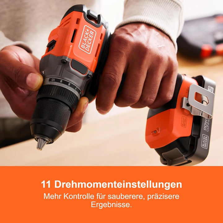 BLACK+DECKER POWERCONNECT 18V Akku-Bohrschrauber mit 2 x 2,0-Ah-Akkus, 1-A-Ladegerät und Kitbox, BCD