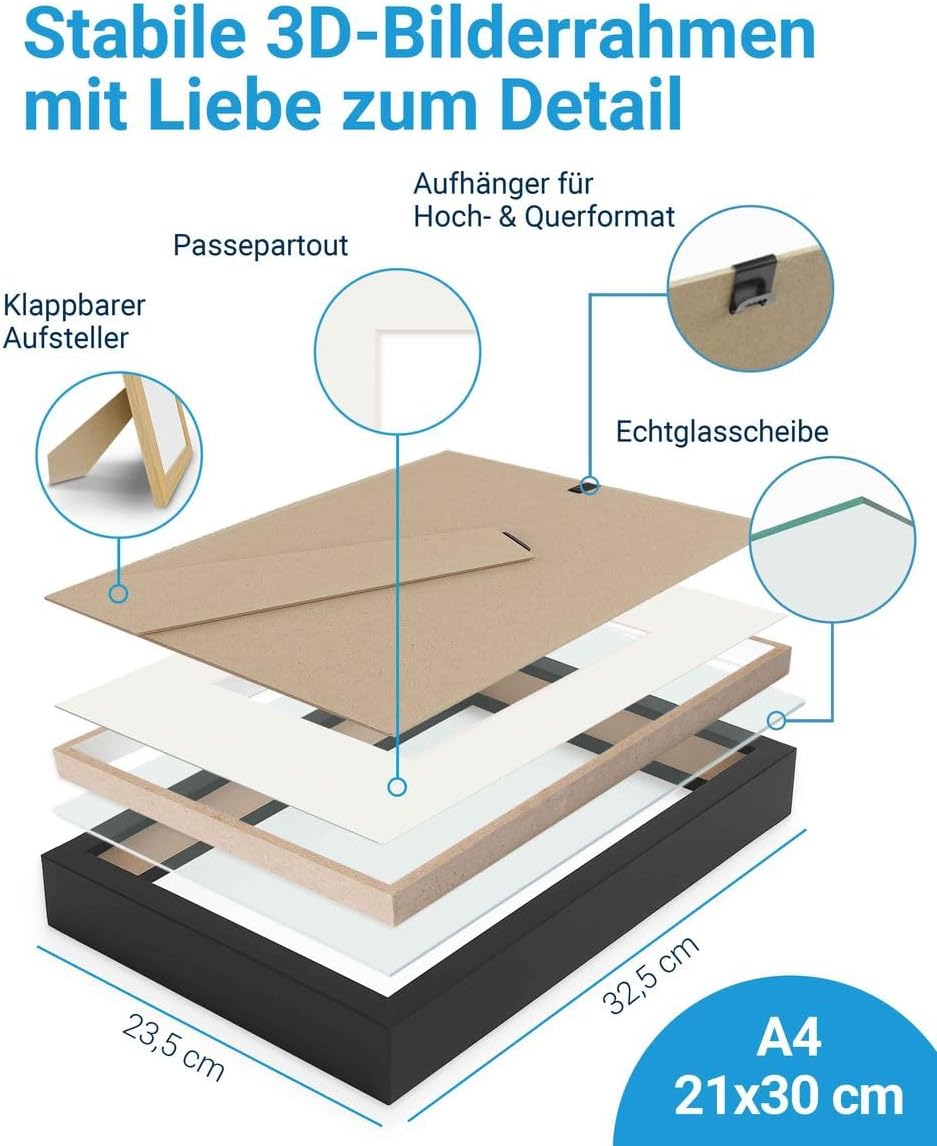 3D-Bilderrahmen zum Befüllen A4 21x30 cm, Schwarz, Bilderrahmen extra tief mit Passepartout, 2er Set
