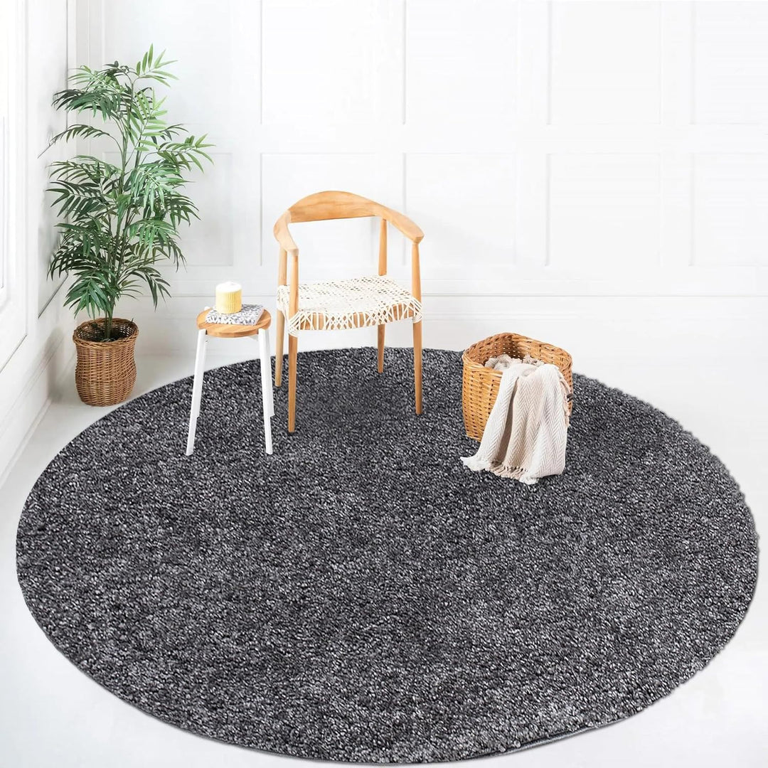 payé Teppich Rund Hochflor Shaggy - 200x200cm - Anthrazit Einfarbig Uni Flauschig Modern Boho Wohnzi