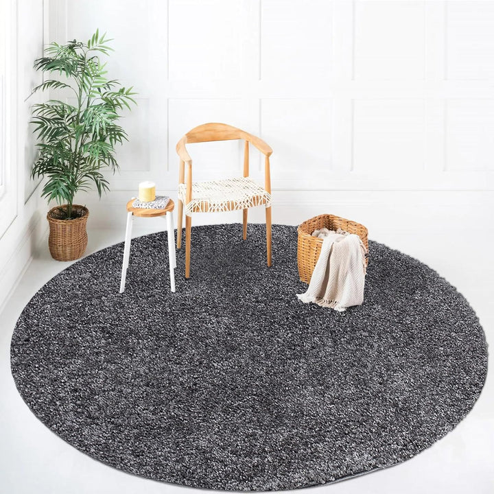 payé Teppich Rund Hochflor Shaggy - 200x200cm - Anthrazit Einfarbig Uni Flauschig Modern Boho Wohnzi