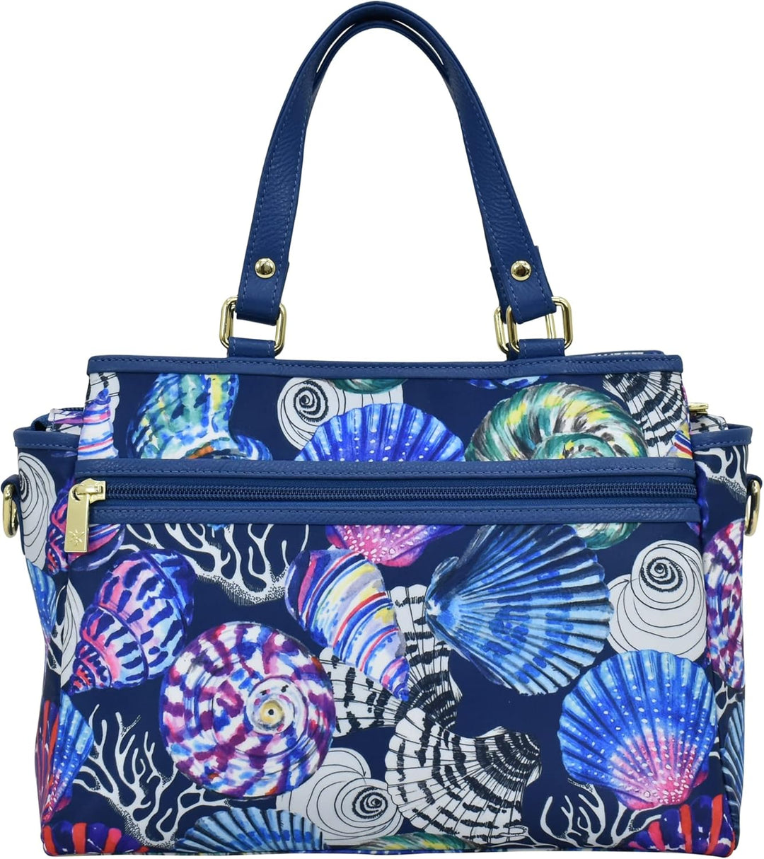 Anuschka Satchel mit Fächern - Wanderlust Kollektion - Nylonstoff mit Leader Trim und Kunstdruck Sea