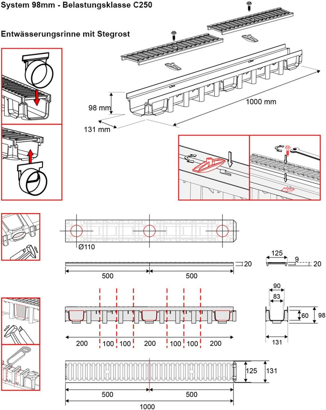 6m Entwässerungsrinne Belastungsklasse C250, 98mm Gussrost komplett SET