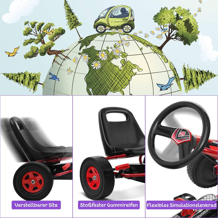 GOPLUS Gokart ab 3-8 Jahre, Kinderfahrzeug mit Verstellbarem Sitz, Tretauto aus Gummireifen, Flexibl