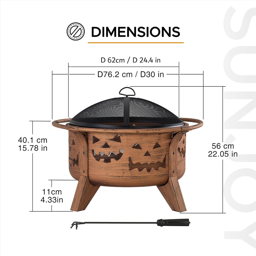 SUNJOY 76 cm Feuerstelle Outdoor Holzfeuerstelle Terrasse Jack-o-Lantern Motiv Runde Stahl Grosse Fe