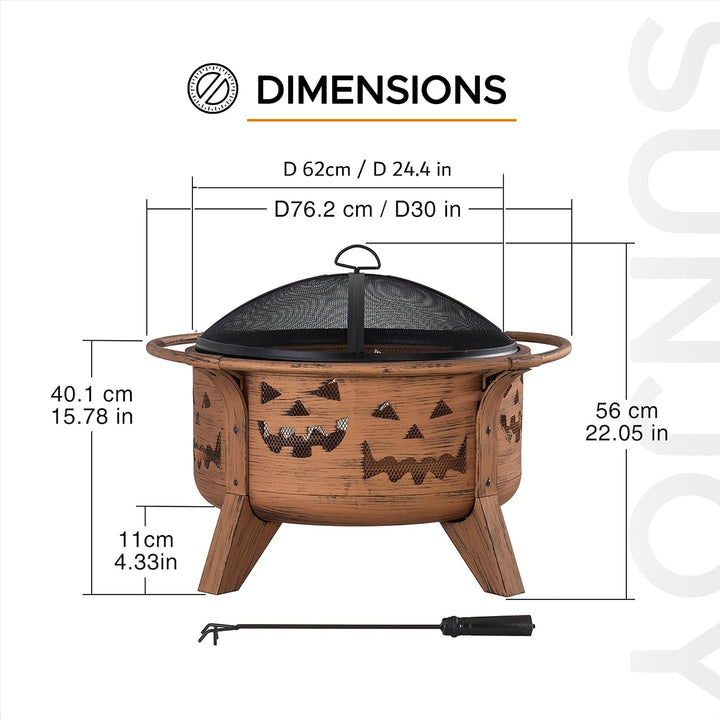 SUNJOY 76 cm Feuerstelle Outdoor Holzfeuerstelle Terrasse Jack-o-Lantern Motiv Runde Stahl Grosse Fe