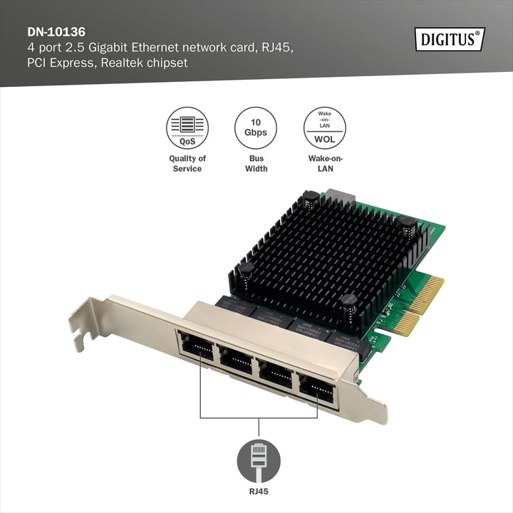 DIGITUS 2.5 Gigabit Ethernet Server Netzwerkkarte - 4 Port RJ45 - NIC - RTL8125B - 10/100/1000/2500
