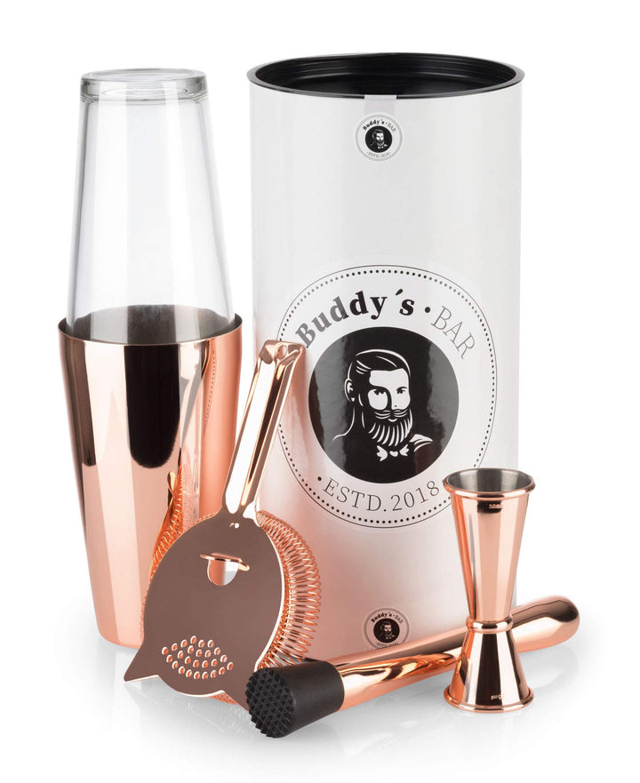 Buddy´s Bar – „Boston Bar-Set“, 700 ml, Boston Cocktail-Shaker, Barmass, Stössel, Barsieb, lebensmit