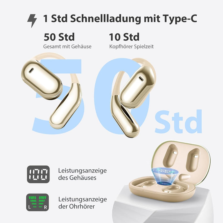 EUQQ Open Ear Kopfhörer 50 Std Kabellos Bluetooth 6.1 HiFi Kopfhörer mit Flexiblem Ohrhaken 4 ENC Mi