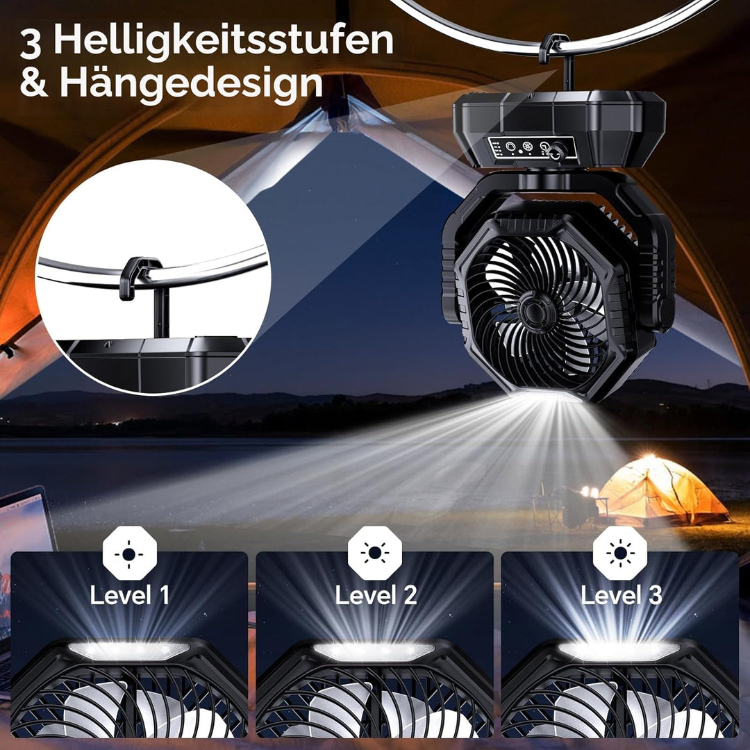 AJVV Camping Ventilator mit akku 20000mAh, Akku Ventilator mit Fernbedienung/LED Licht/270° Drehung,