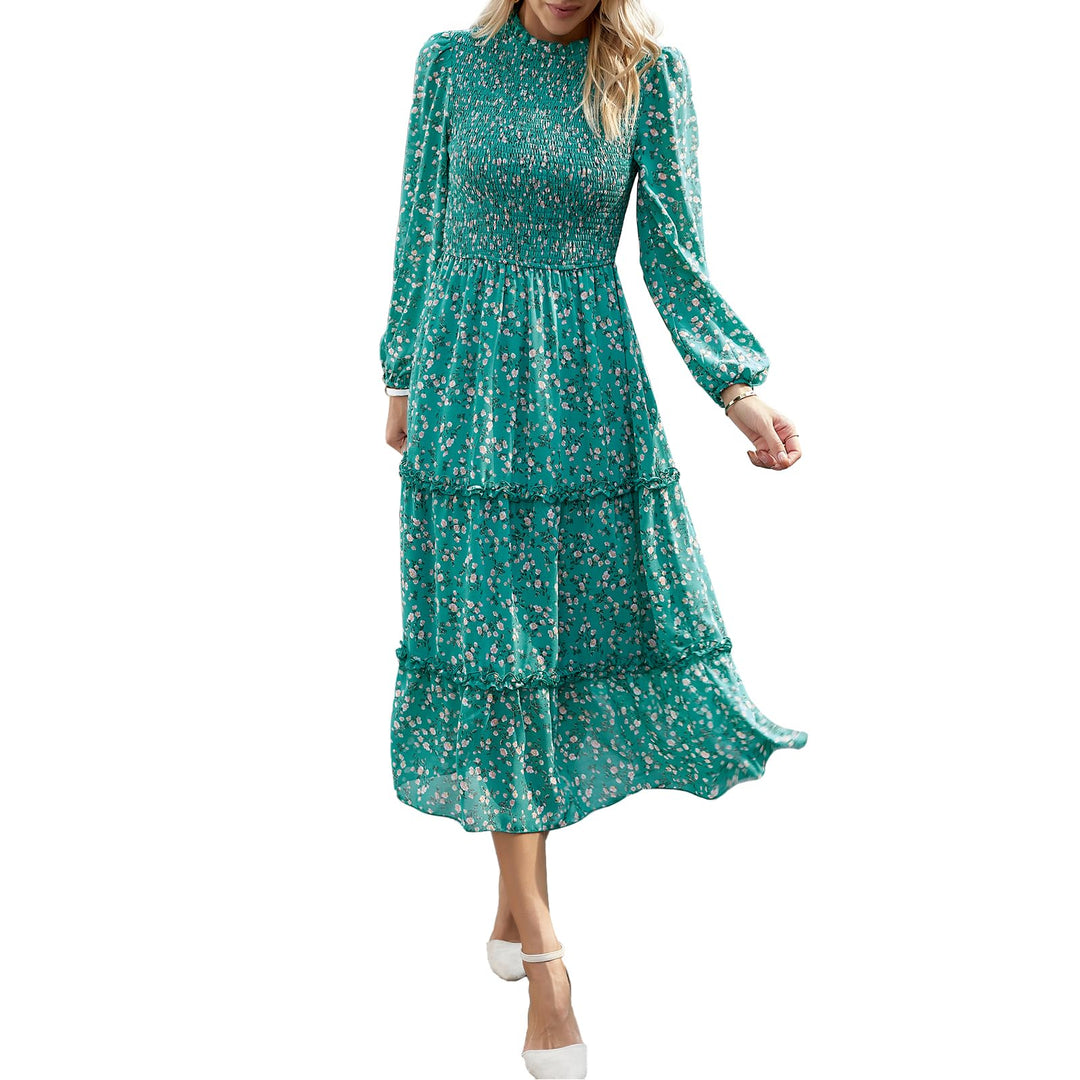 YNIQUE Damen Kleider Lässig Langärmlig Stehkragen Bohemian Blumenmuster Fliessende Maxi Kleider Abge