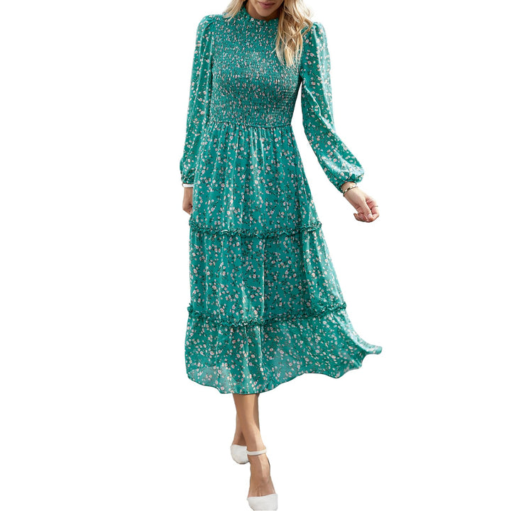 YNIQUE Damen Kleider Lässig Langärmlig Stehkragen Bohemian Blumenmuster Fliessende Maxi Kleider Abge