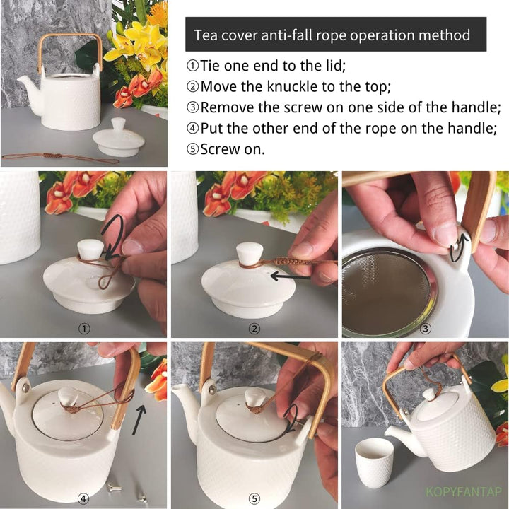 Teekanne Keramik Weiss, Japanisches Tee Set Vintage, Porzellan Teeservice mit Sieb 900ml mit 4 Teeta