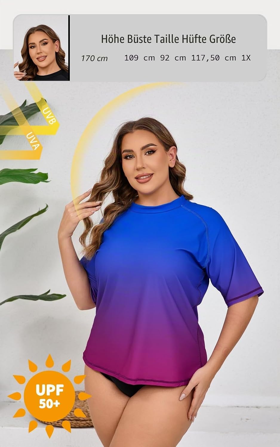 Halcurt UV Shirt Damen Übergrösse Rash Guard Kurzarm UPF 50+ Badeshirt UV Schutz Schwimmshirt Schnel
