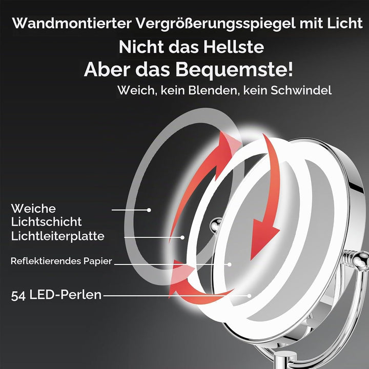 Nicesail Wand Kosmetikspiegel mit beleuchtung 10x - 360° Ausziehbare Drehung - Dünner Rahmen - mit S