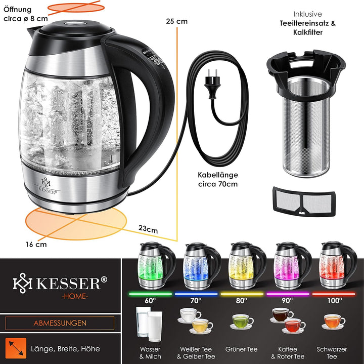 KESSER® Wasserkocher 1,8L Edelstahl mit LED Beleuchtung-Farbe je nach Temperaturwahl 60, 70, 80, 90,