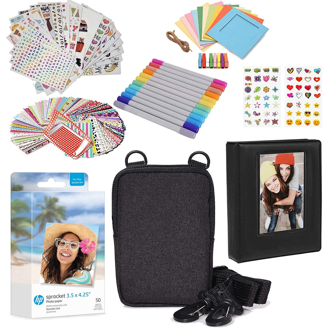 HP Sprocket Fotopapier, 8,9 x 10,8 cm, Zink – Kit: 50 Pack Zinkpapier, Hülle, Fotoalbum, Marker, Auf