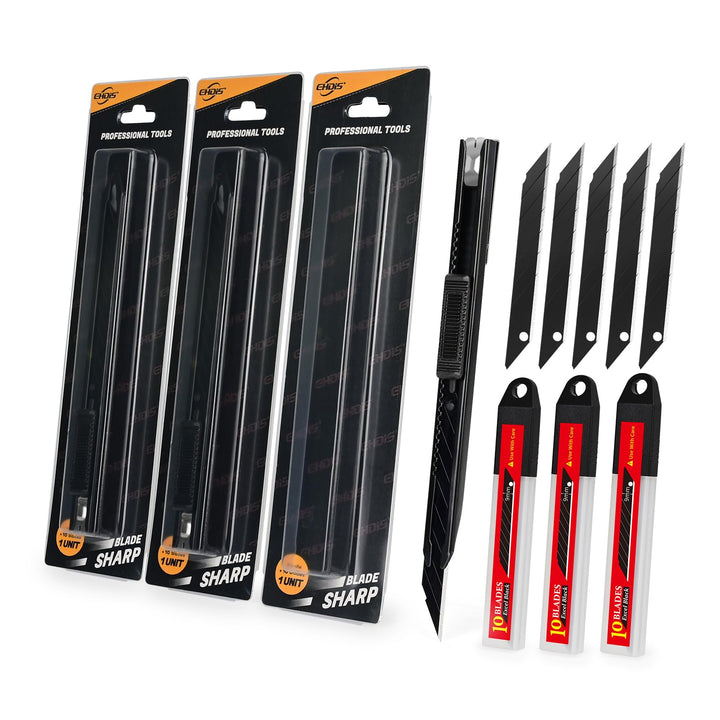 EHDIS Kit Cuttermesser mit Kingen von einem Rostschutz-Ölfilm beschichtet - 3 Stück Cuttermesser 9mm