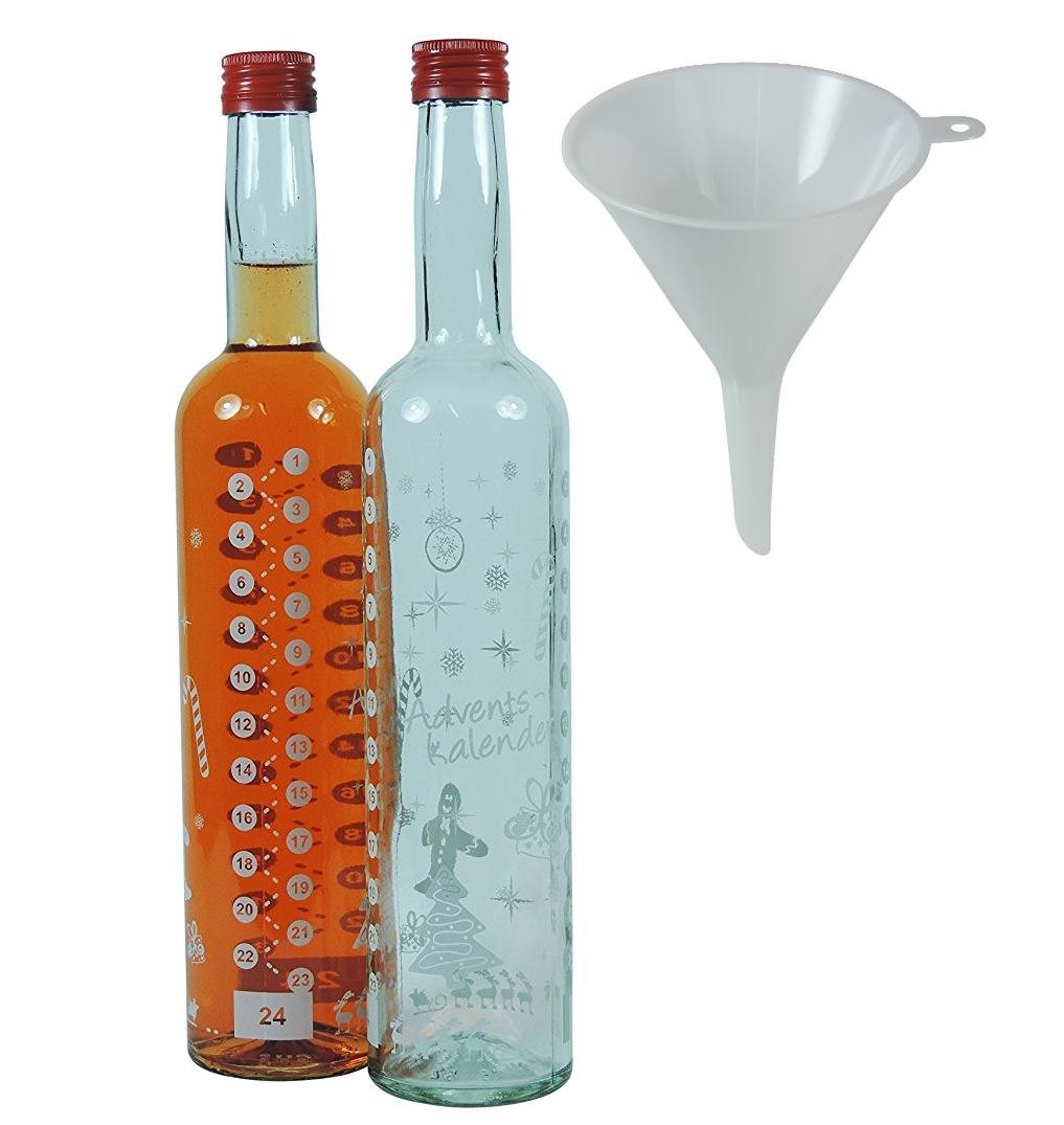 2 Weihnachtsflaschen, Glasflaschen als Adventskalender 500 ml inkl. Trichter