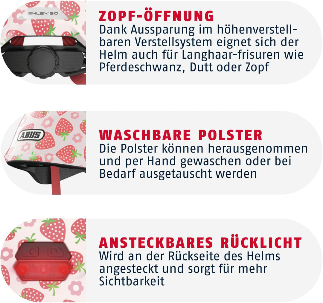 ABUS Kinderhelm Smiley 3.0 LED - Fahrradhelm mit Licht - tiefe Passform & Platz für einen Zopf - für