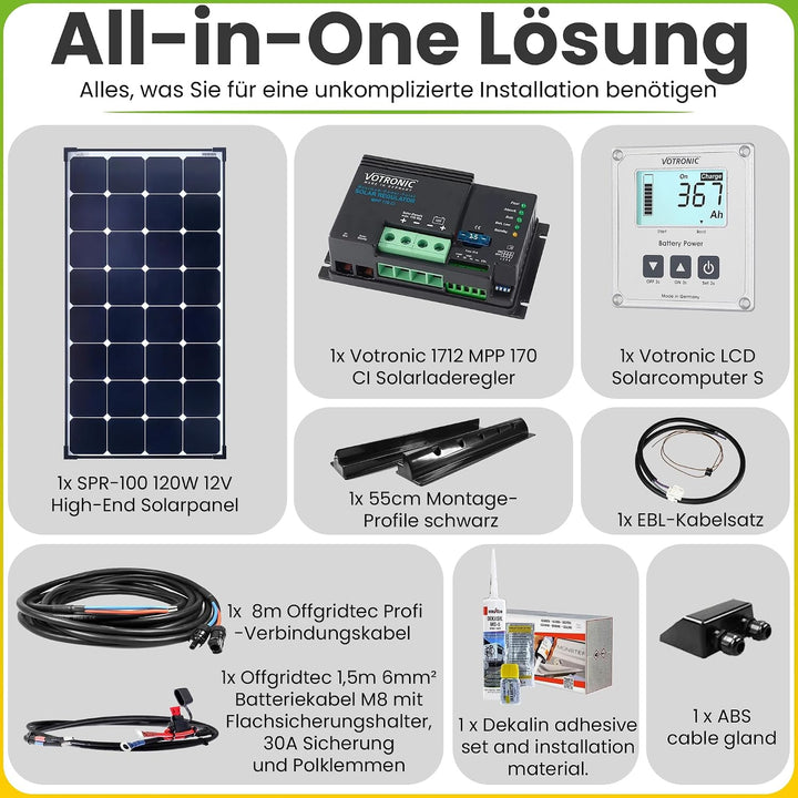 12V Solaranlage für Wohnwagen SM120/12V MPPT - Komplett-Set 120 Watt für Wohnmobil mit MPPT Laderegl