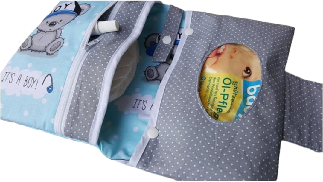 XXL Windeltasche Teddy Bärchen blau grau Punkte