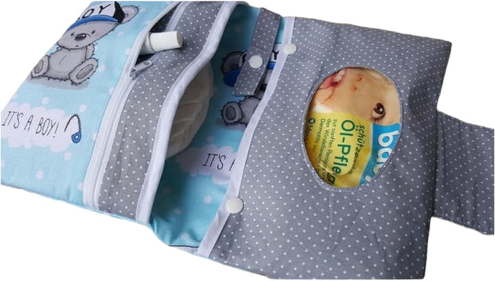 XXL Windeltasche Teddy Bärchen blau grau Punkte
