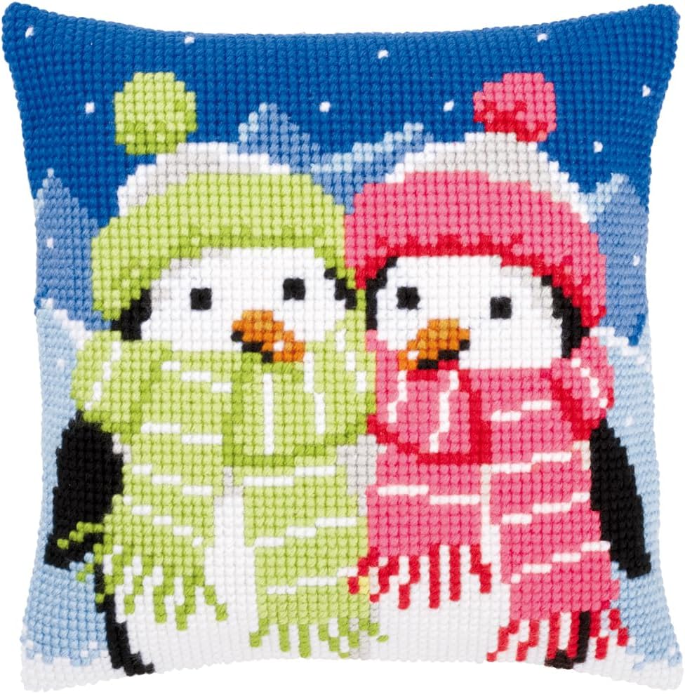 Vervaco Pinguine mit Schal Kreuzstichkissen/Stickkissen vorgedruckt, Baumwolle, Penguins with Scarf,
