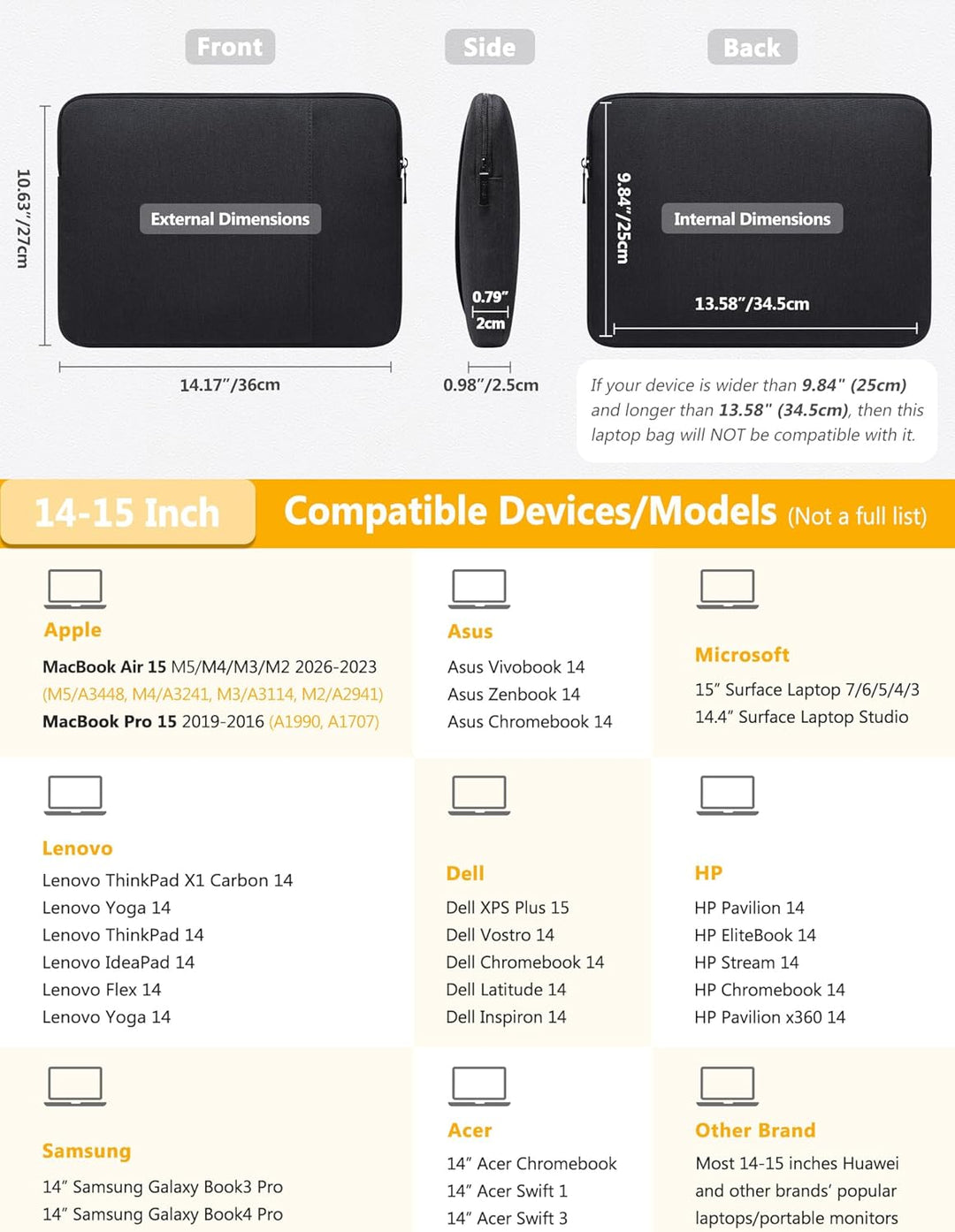 HYZUO 14-15 Zoll Laptophülle für MacBook Air 15 M3 M2, MacBook Pro 15, 15 Zoll Surface Laptop, XPS 1