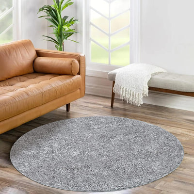 payé Teppich Rund Hochflor Shaggy - 200x200cm - Grau Einfarbig Uni Flauschig Modern Boho Wohnzimmer