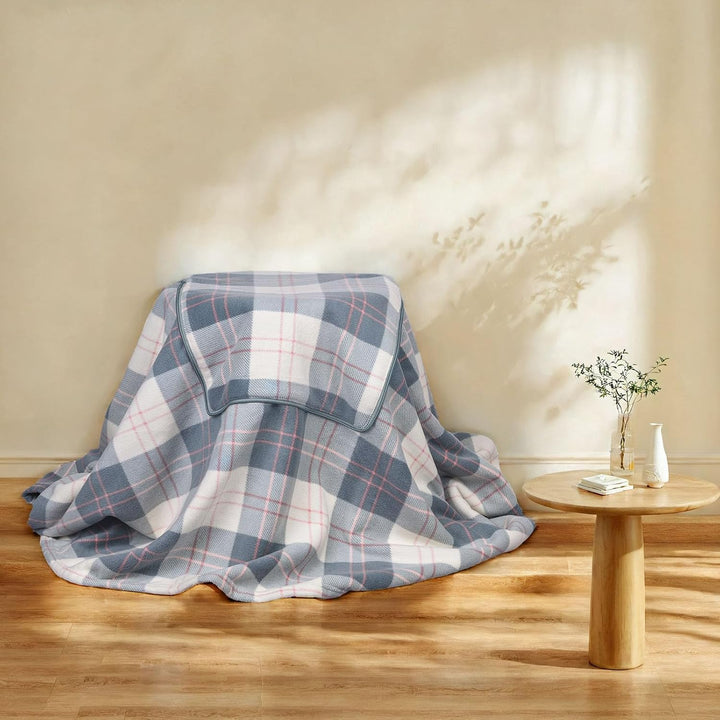 Tragbare Decke Kompaktes Kissen 2-in-1-Schossdecke Damen Poncho Fleece mit Knopf Karierte Tagesdecke
