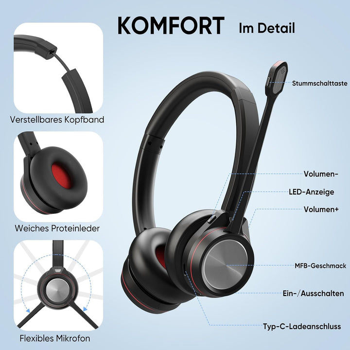 Bluetooth Headset mit Mikrofon, Wireless Headset mit USB Dongle Ladestation, Noise Cancelling Mikrof