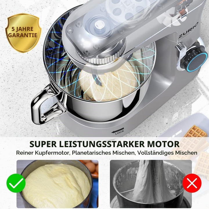 Küchenmaschine Rührmaschine 1300W Zurio 5.5L Knetmaschine Rührmaschine 10-Gang-Roboter-Knetmaschine