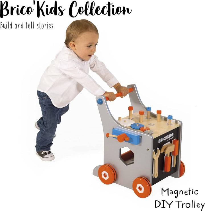 Janod - Brico'Kids Wooden Diy Trolley for Children - Magnetic - Pretend Play - 25 Tools and Accessor