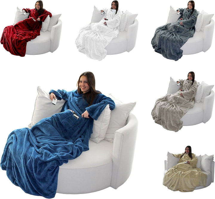 Brandsseller Flauschige TV-Decke mit Ärmeln 170x200 cm in Cashmere Feeling - Fusssack und 2 Taschen