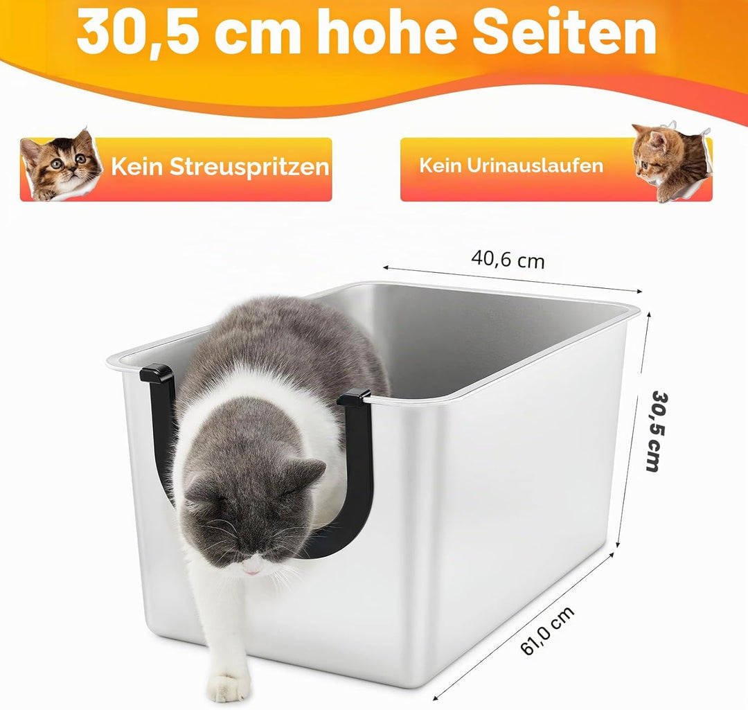 Yangbaga Grosse Katzenklo Edelstahl XXL:Offenes Katzentoilette mit Hohem Rand,Katzenklo Metall für G