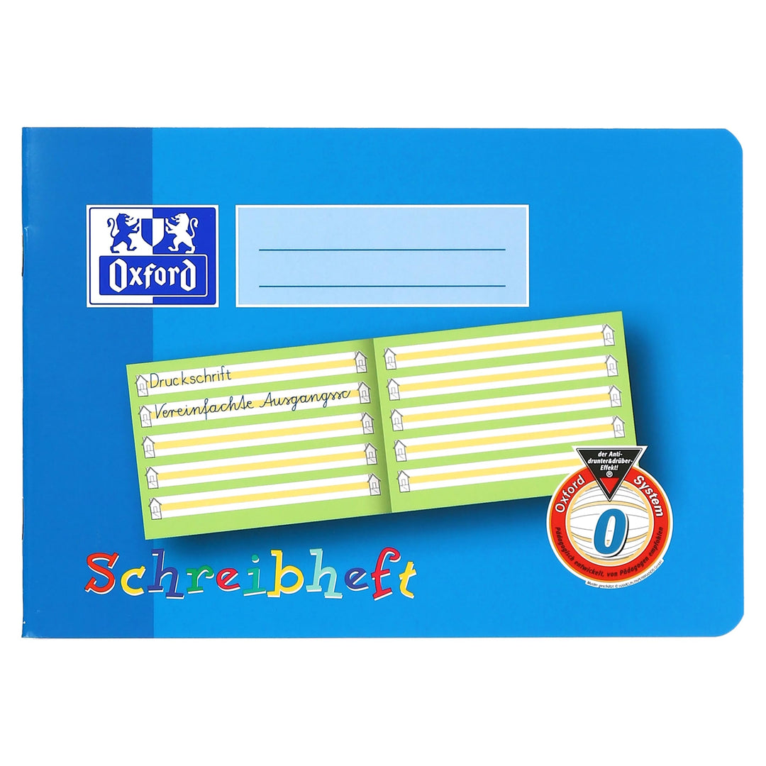Oxford Schreibheft, A5 quer, Lineatur 0 (1. Klasse), 16 Blatt, 10 Stück Lineatur 1q + farbiges Mitte