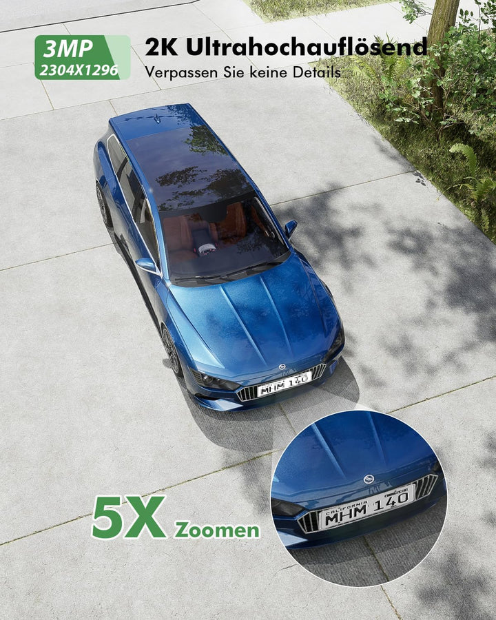YESYAMO 2K 3MP Überwachungskamera Aussen Solar, 360° PTZ Kamera Aussen Akku | 2.4GHz Kabellos Überwa