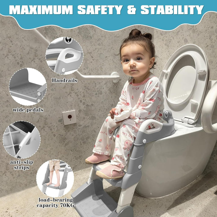Toilettensitz Kinder mit Treppe, 2 in 1 Töpfchen für Kinder Toilettenaufsatz Kinder mit Spritzschutz