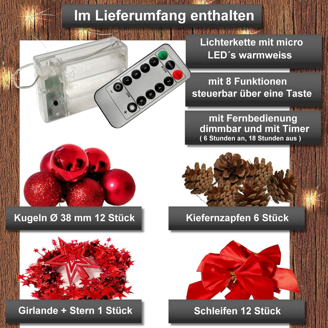 Weihnachtsbaum künstlich (WBD) 60 cm grün mit Weihnachtsdeko rot und Led Lichterkette mit Batteriebo