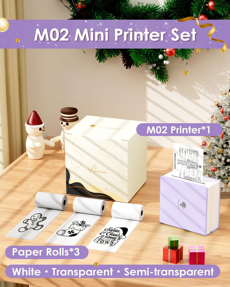 Phomemo M02 Mini Drucker für Smartphone mit 3 Papierrollen, Tragbarer Thermo-Fotodrucker mit Akku un