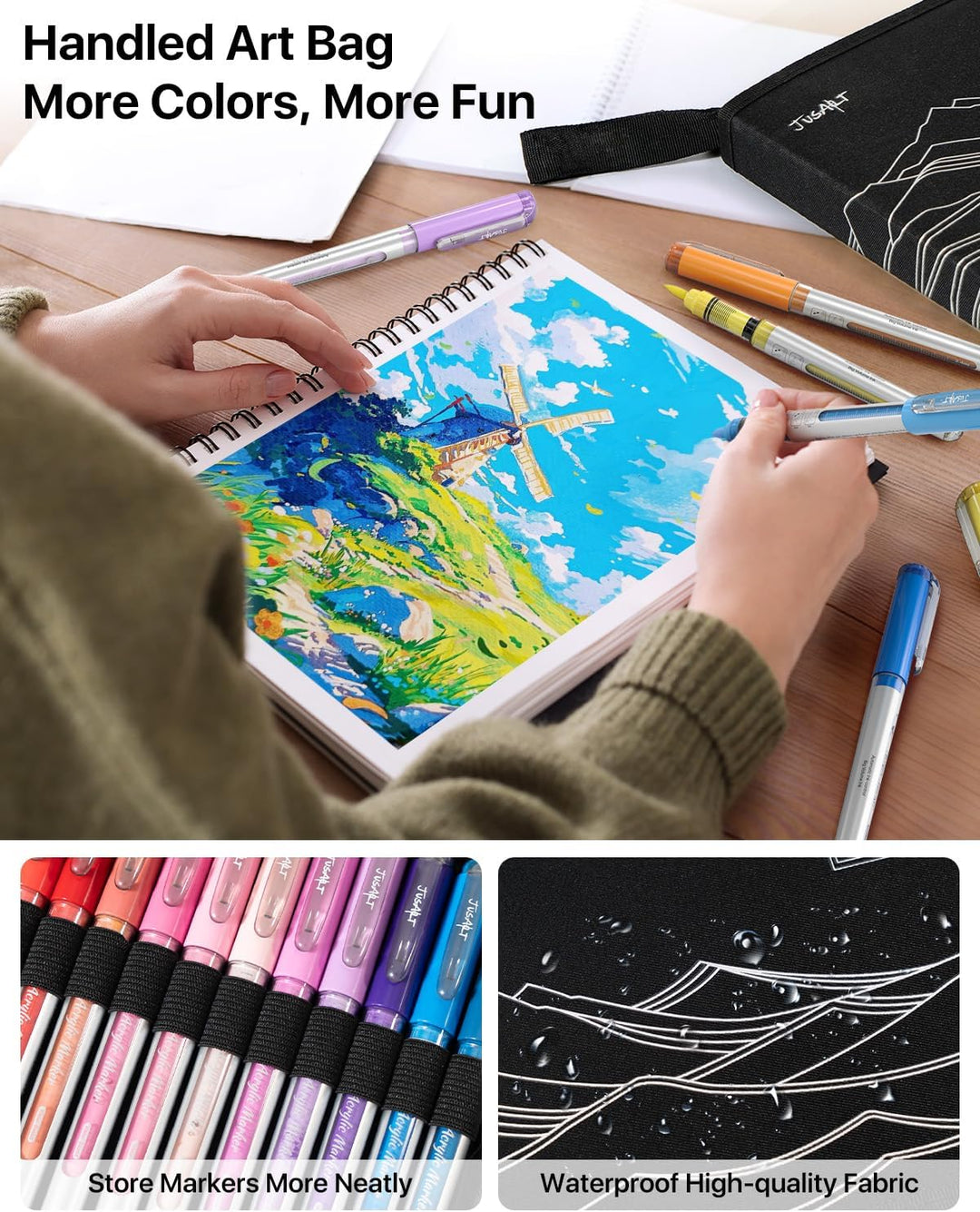 JusArt 36 Farben Acrylfarben Marker mit Segeltuchtasche - Wasserbasierte No-Bleed Paint Pens mit aut