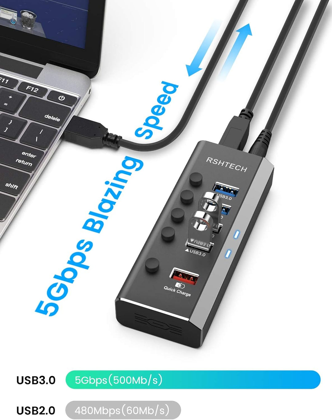RSHTECH Aluminium USB Hub Aktiv 3.0 mit 24W Netzteil, mit 1*Schnellladeanschluss, 4*USB 3.0 Datenans