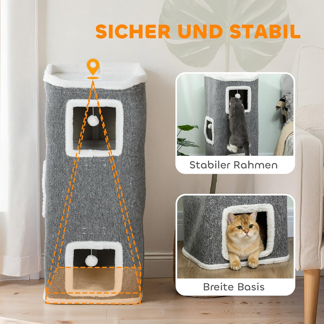 PawHut Kratztonne 100 cm Hoch 41 x 41 cm vierstöckige Katzentonne mit Spielball, Plüschrand, Katzenh
