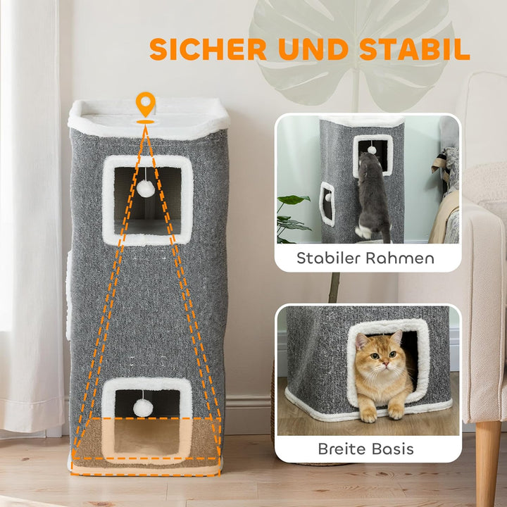 PawHut Kratztonne 100 cm Hoch 41 x 41 cm vierstöckige Katzentonne mit Spielball, Plüschrand, Katzenh