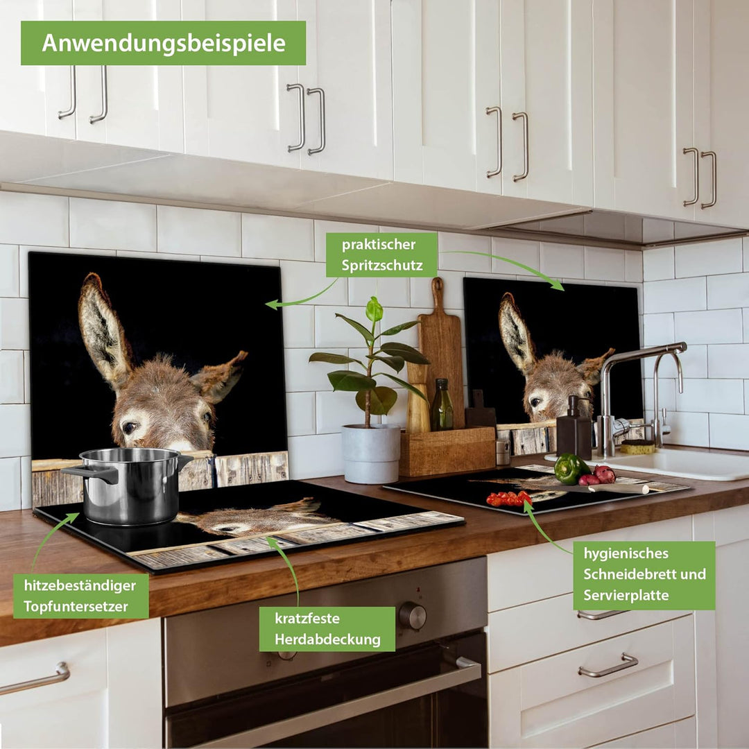 banjado® Herdabdeckplatte Glas 1-teilig 60x52 cm/Schneidebrett Herdabdeckung mit Motiv Esel/Herdabde